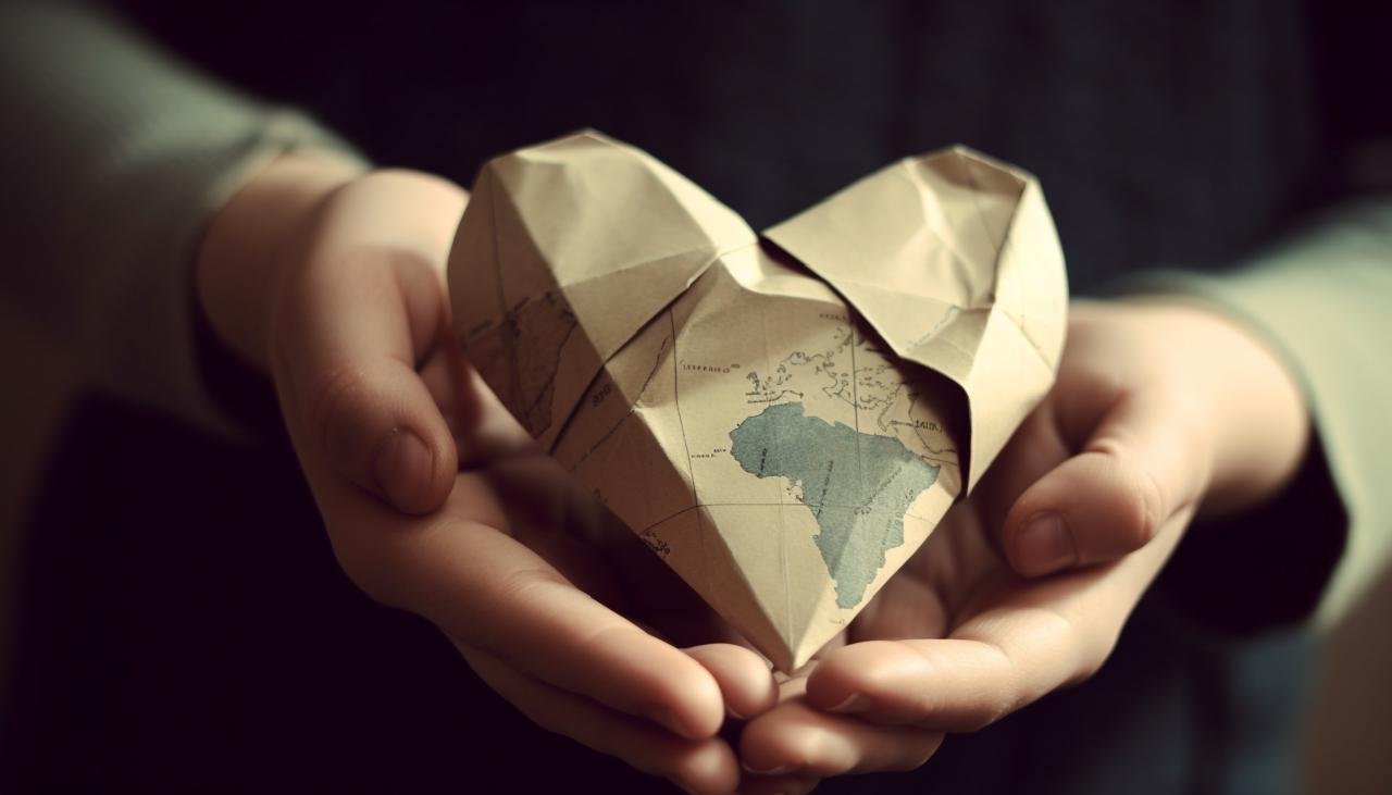 Manos sosteniendo un corazón de papel con el mapa del mundo